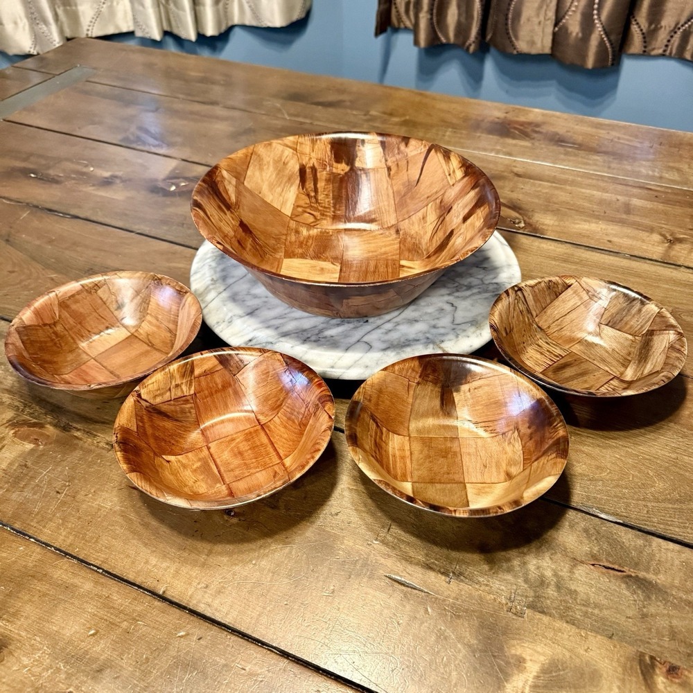 NEW! 5pc VTG 1960s MCM Pressed Parquet Woven Wood Salad Bowl Set Serving‎ Bowls